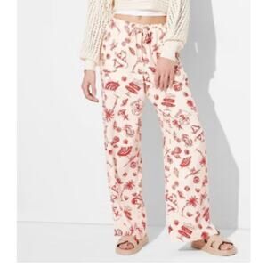 Wild Fable Women's Pull On Linen Pants White/Red Beach Tropical Print Size XL